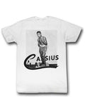 Muhammad Ali Cassius Clay graphic on a white adult t-shirt.