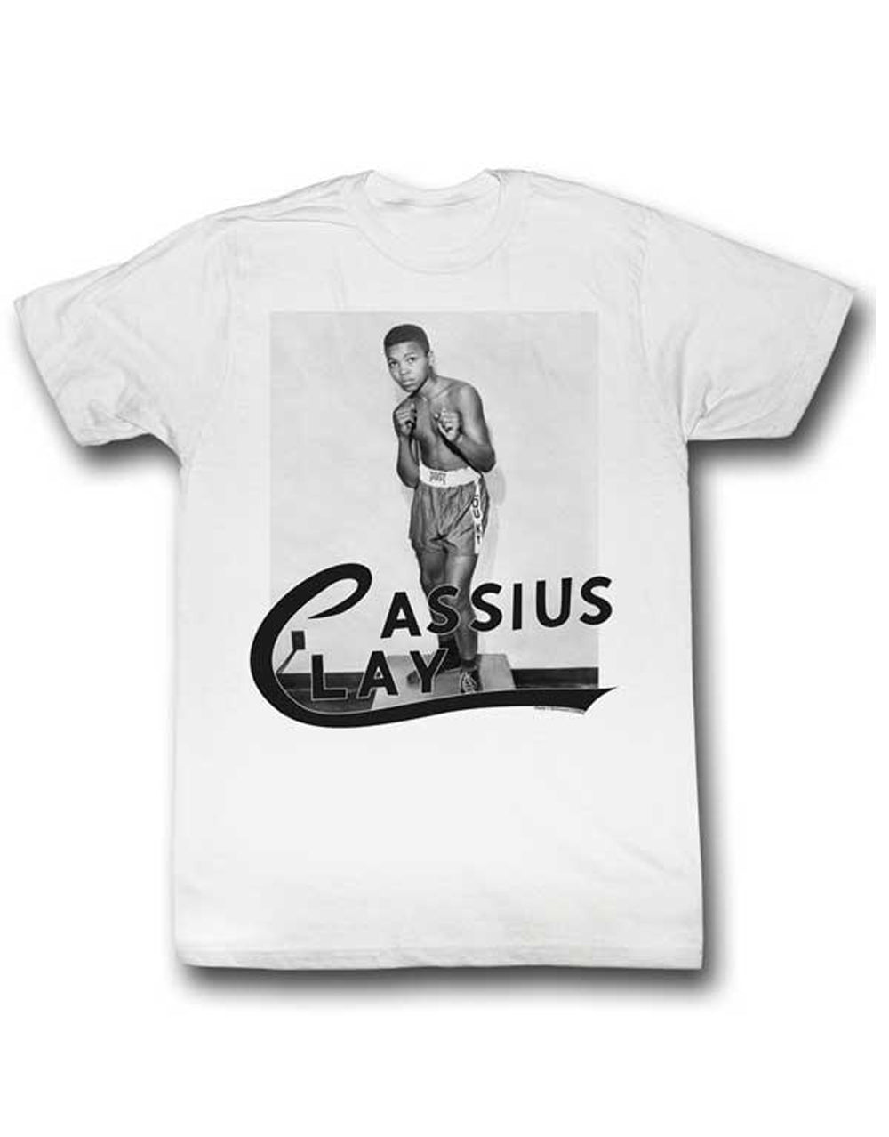 Muhammad Ali Cassius Clay graphic on a white adult t-shirt.
