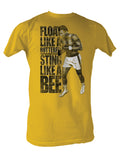 Muhammad Ali sting like a bee graphic on a gold adult t-shirt.