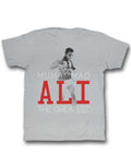 Muhammad Ali the greatest graphic on a heathered grey adult t-shirt.