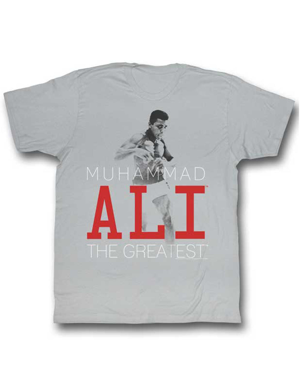 Muhammad Ali the greatest graphic on a heathered grey adult t-shirt.