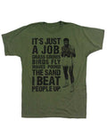 Muhammad Ali job army graphic on a green adult t-shirt.