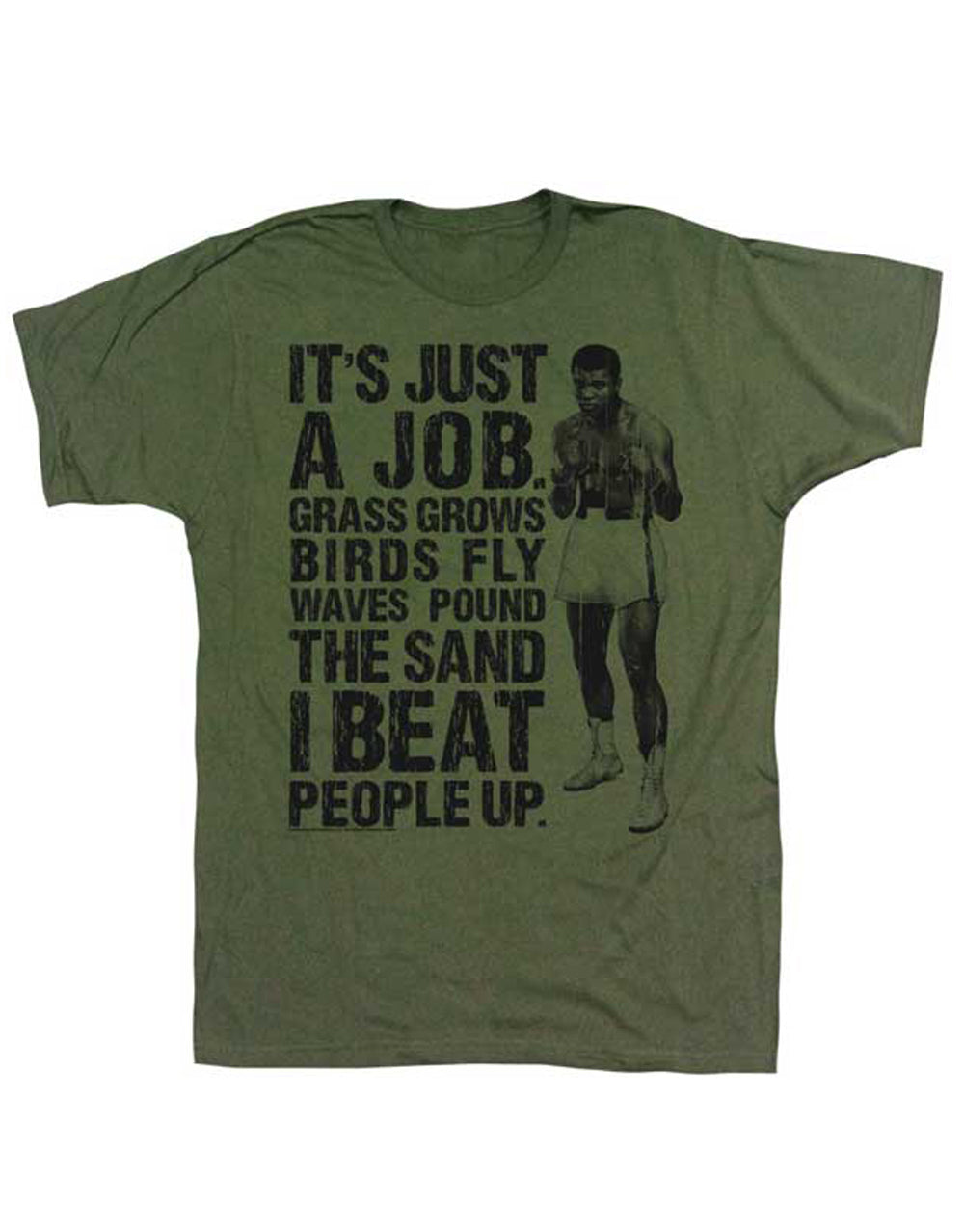 Muhammad Ali job army graphic on a green adult t-shirt.