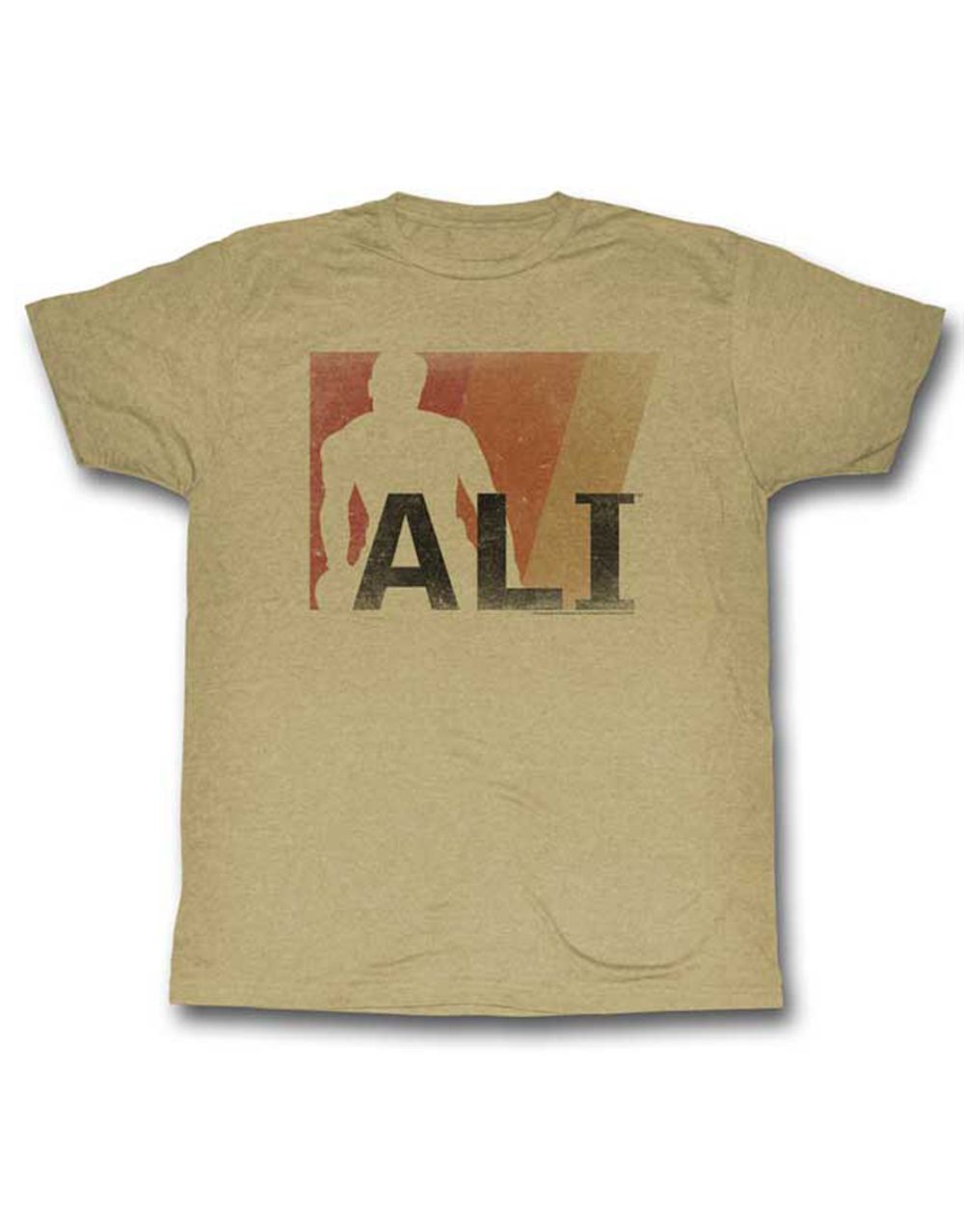 Muhammad Ali retro art graphic on a beige adult t-shirt.
