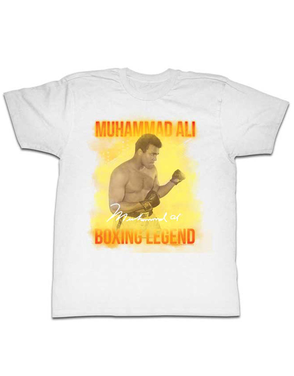 Muhammad Ali boxing legend graphic on a white adult t-shirt.