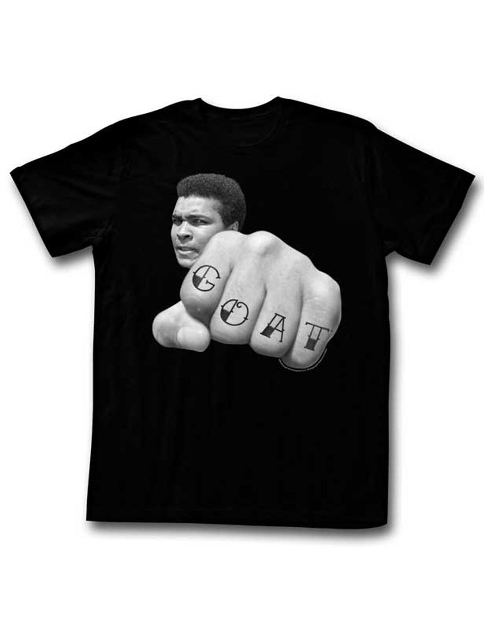 Muhammad Ali goat graphic on a black adult t-shirt.