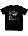 Muhammad Ali greatest of all time graphic on a black adult t-shirt.