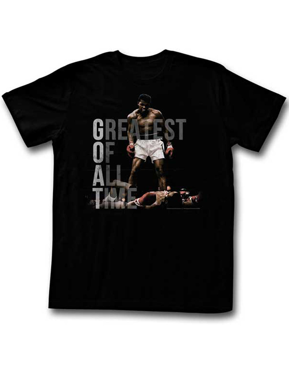 Muhammad Ali greatest of all time graphic on a black adult t-shirt.