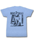 Muhammad Ali over heathered graphic on a heathered blue adult t-shirt.