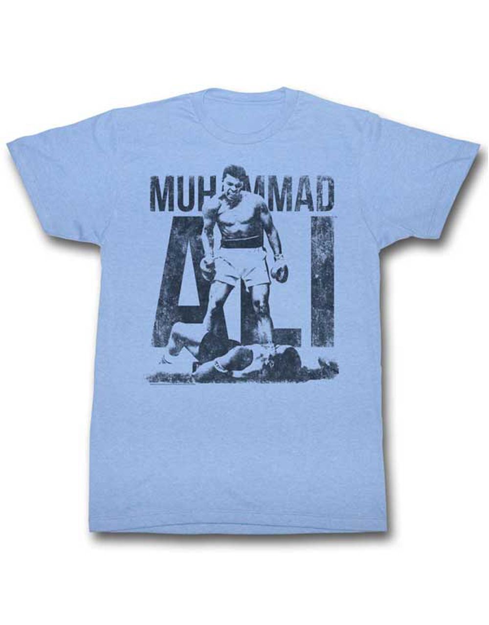 Muhammad Ali over heathered graphic on a heathered blue adult t-shirt.