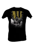 Muhammad Ali super Ali graphic on a black adult t-shirt.