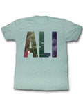 Muhammad Ali your face graphic on a heathered green adult t-shirt.