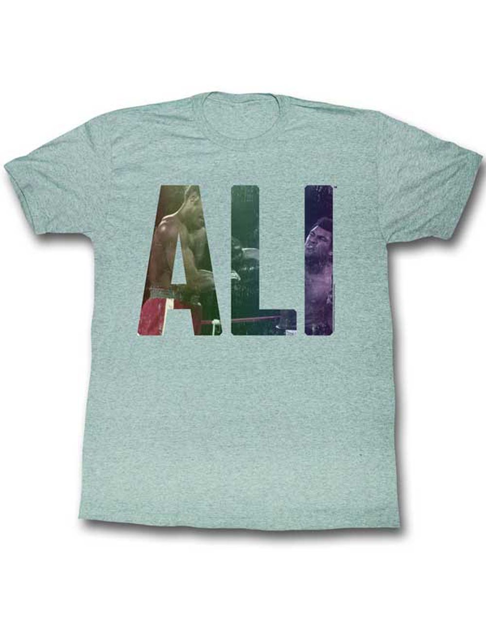 Muhammad Ali your face graphic on a heathered green adult t-shirt.