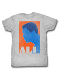 Muhammad Ali retro graphic on a heathered grey adult t-shirt.