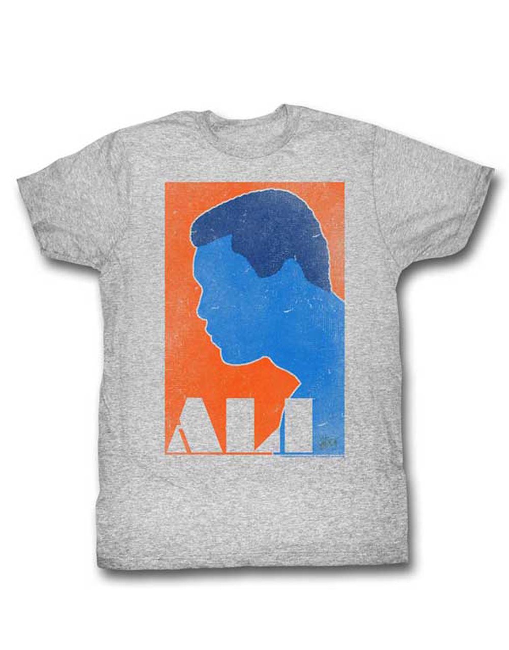 Muhammad Ali retro graphic on a heathered grey adult t-shirt.