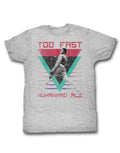 Muhammad Ali too fast graphic on a grey adult t-shirt.