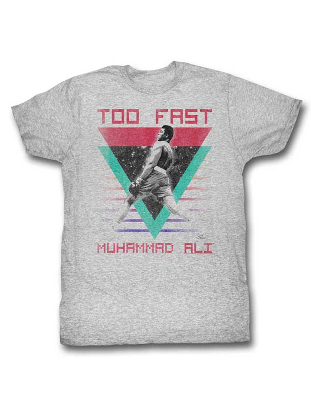 Muhammad Ali too fast graphic on a grey adult t-shirt.