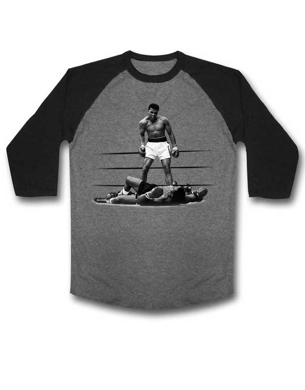 Muhammad Ali punchy heathered graphic on a black and grey adult t-shirt.