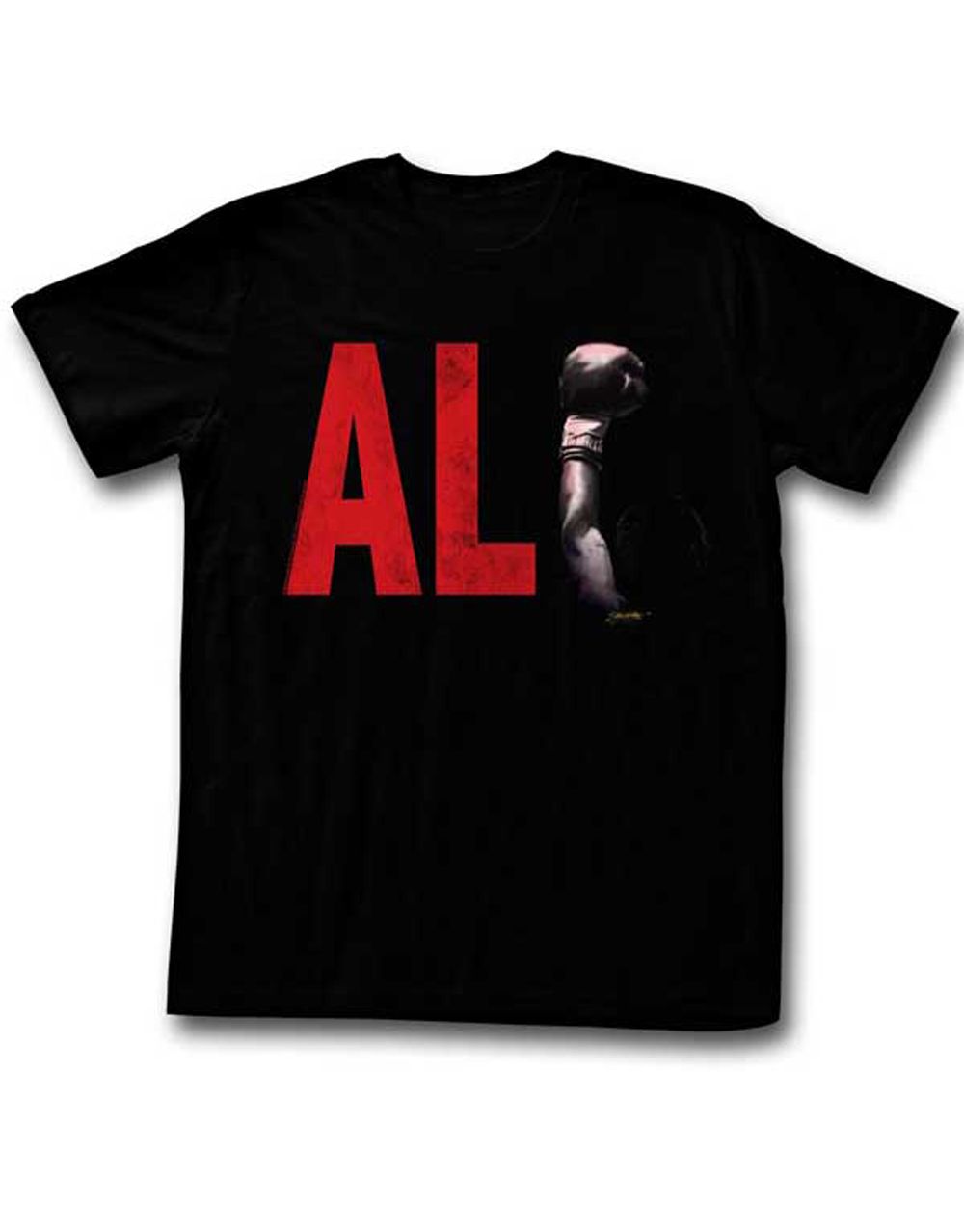 Muhammad Ali arm graphic on a black adult t-shirt.