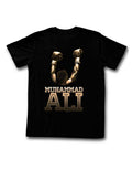 Muhammad Ali winner graphic on a black adult t-shirt.