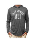 Muhammad Ali classic grey graphic on a grey adult hoodie.