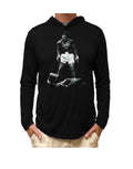 Muhammad Ali over Liston graphic on a black adult t-shirt.