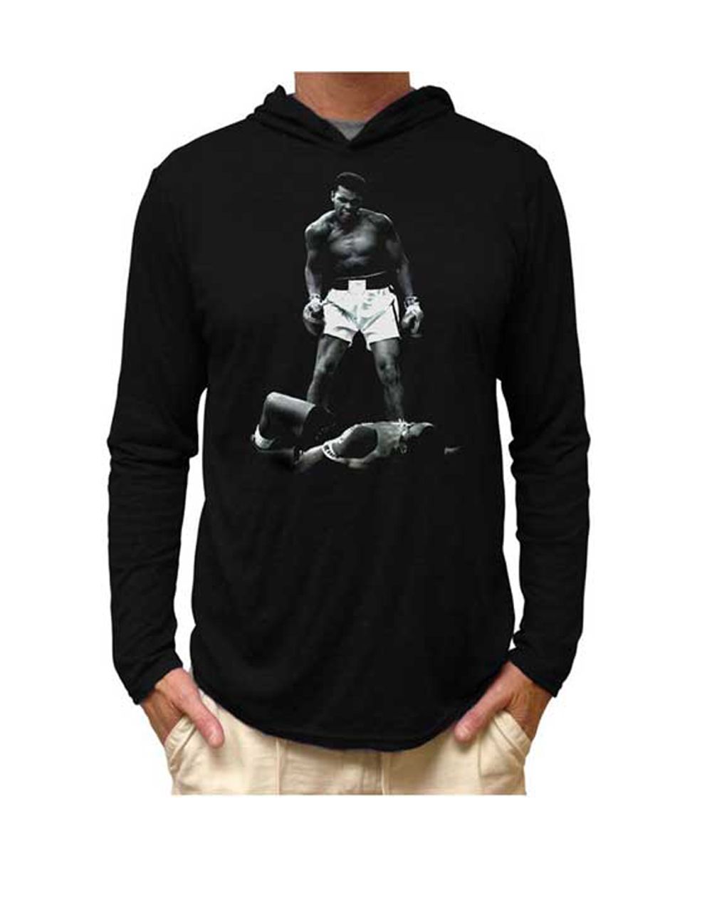 Muhammad Ali over Liston graphic on a black adult t-shirt.