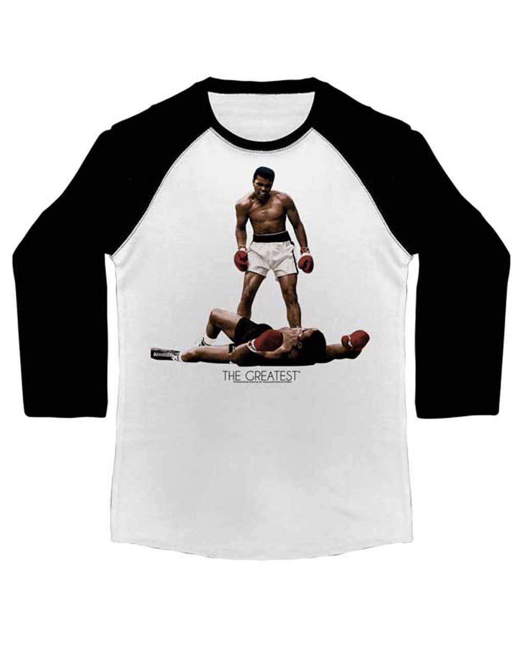 Muhammad Ali over Liston graphic on a white and black adult t-shirt long sleeve top.