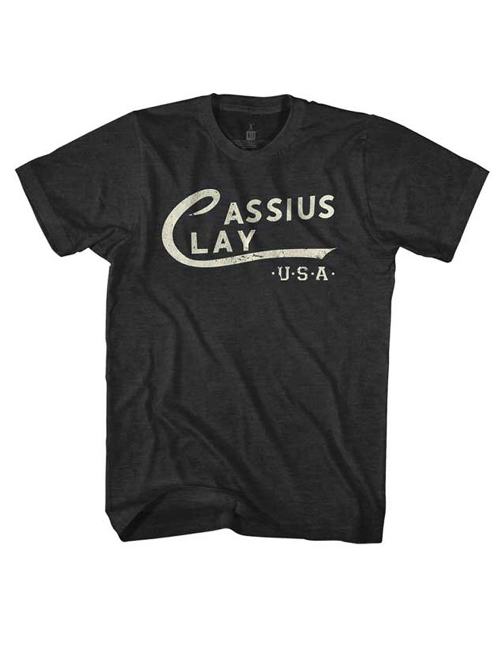 Muhammad Ali Cassius Clay logo graphic on a heathered grey adult t-shirt.