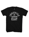 Muhammad Ali Louisville Cassius Clay graphic on a black adult t-shirt.