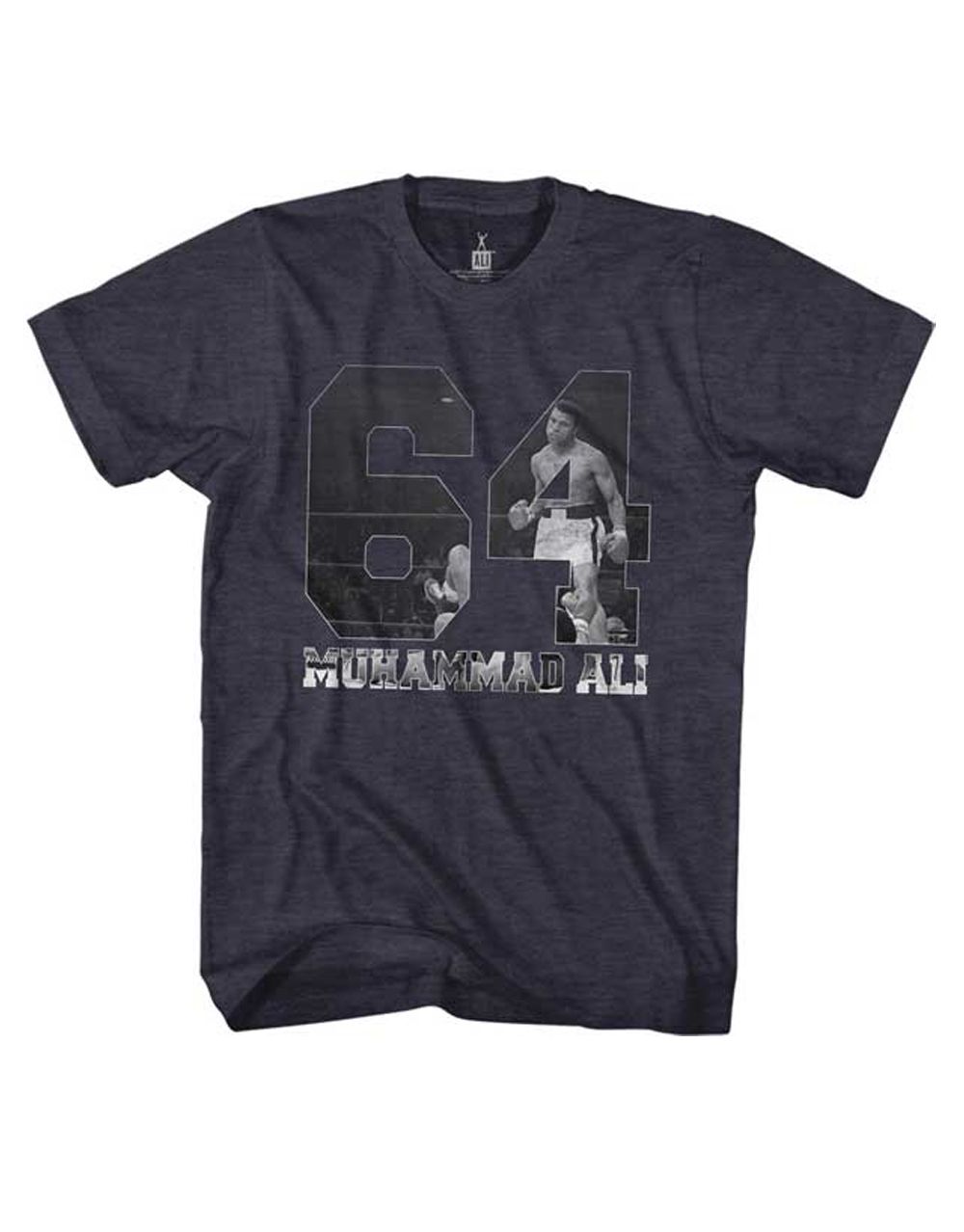Muhammad Ali 64 graphic on a blue adult t-shirt.