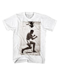 Muhammad Ali classic water shot graphic on a white adult t-shirt.