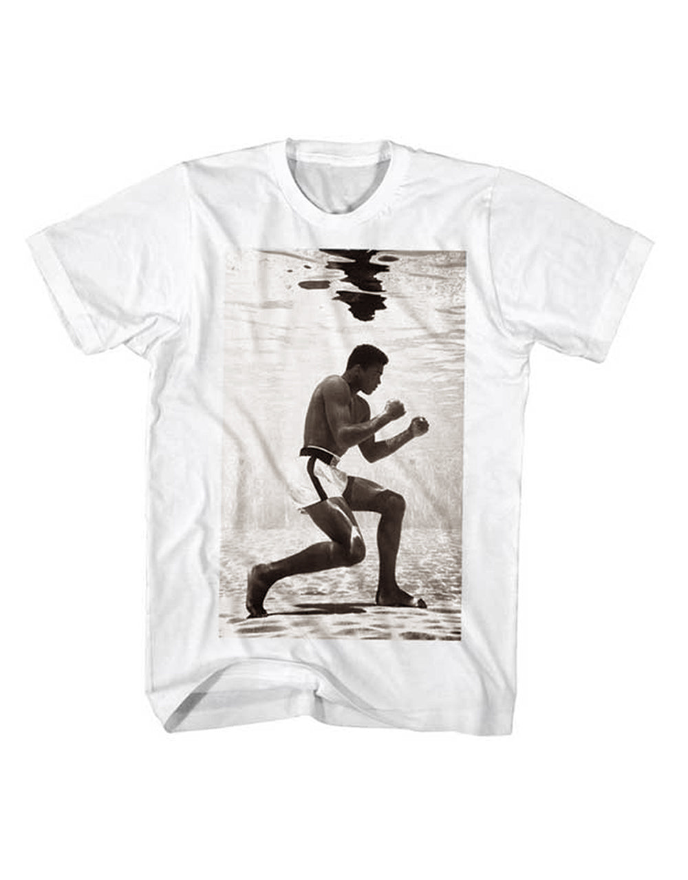 Muhammad Ali classic water shot graphic on a white adult t-shirt.