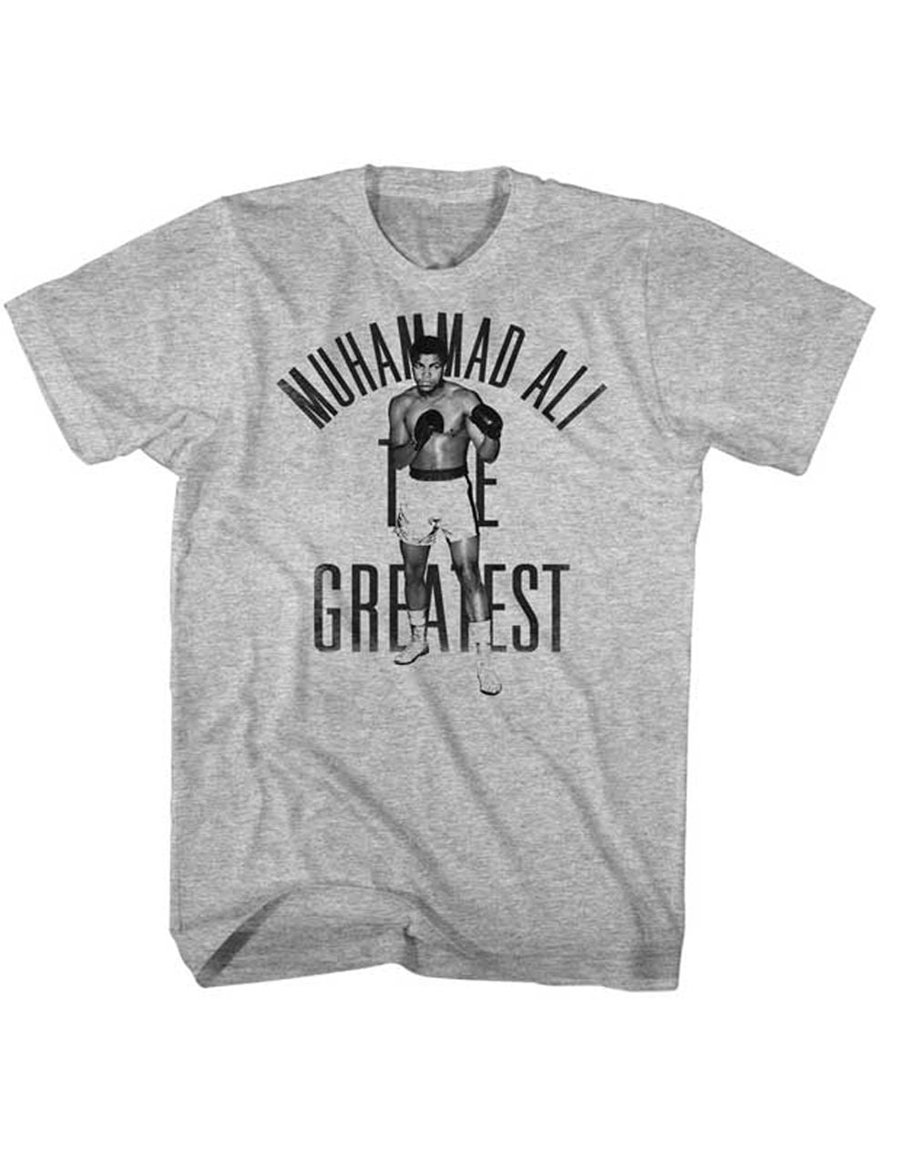 Muhammad Ali greatest ever graphic on a grey adult t-shirt.