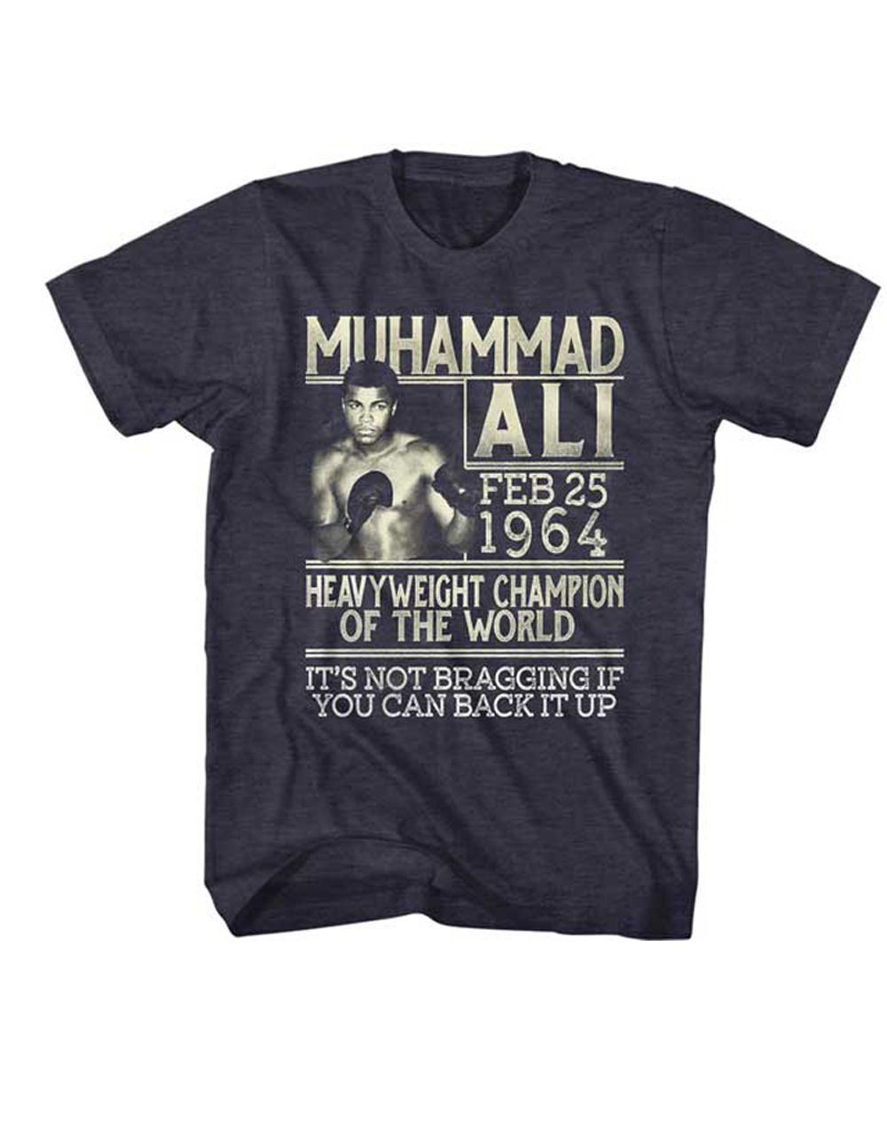 Muhammad Ali 64 not bragging graphic on a blue adult t-shirt.
