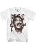 Muhammad Ali greatest champ graphic on a white adult t-shirt.