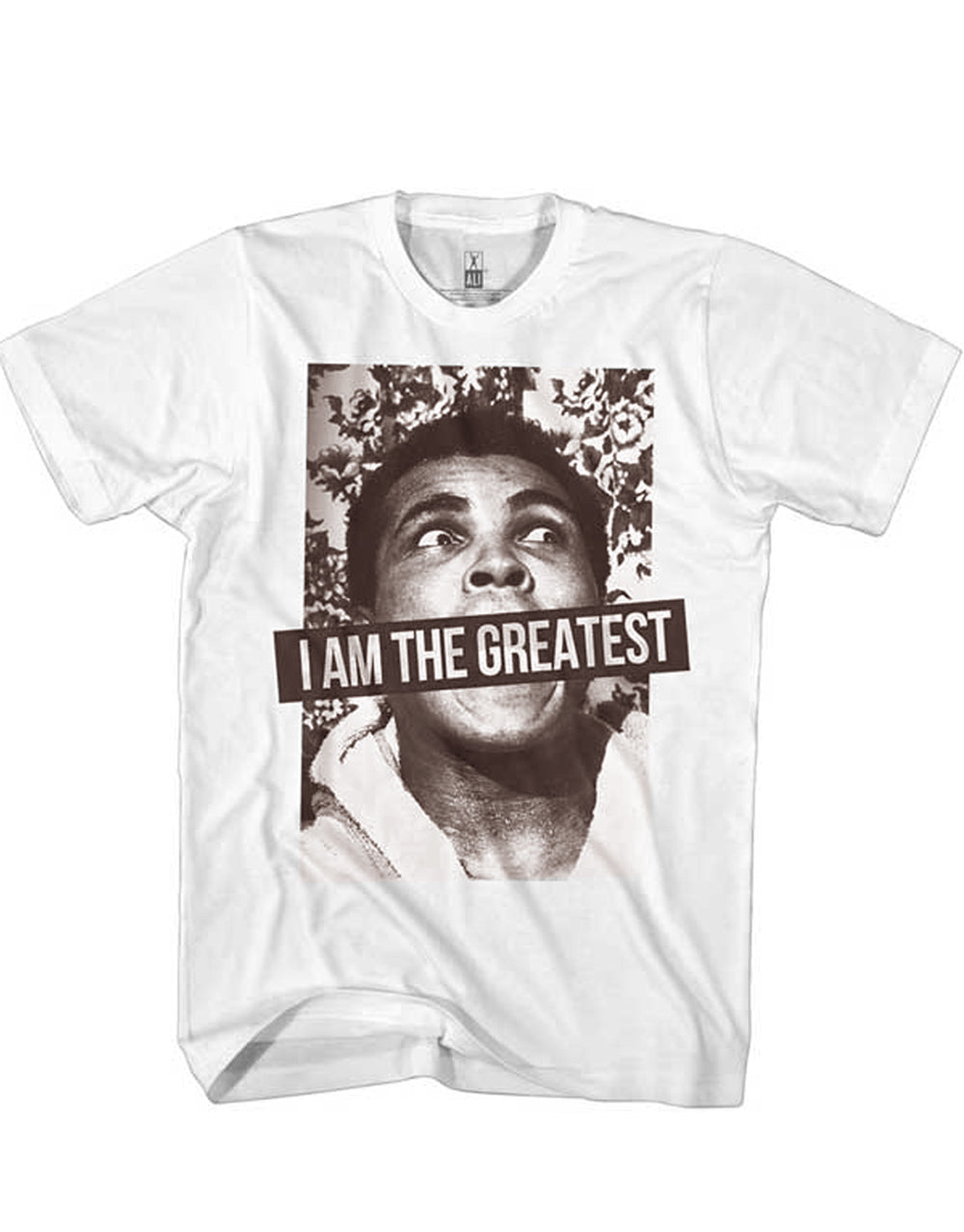 Muhammad Ali greatest champ graphic on a white adult t-shirt.