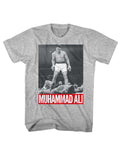 Muhammad Ali classic fight shot graphic on a heathered grey adult t-shirt.