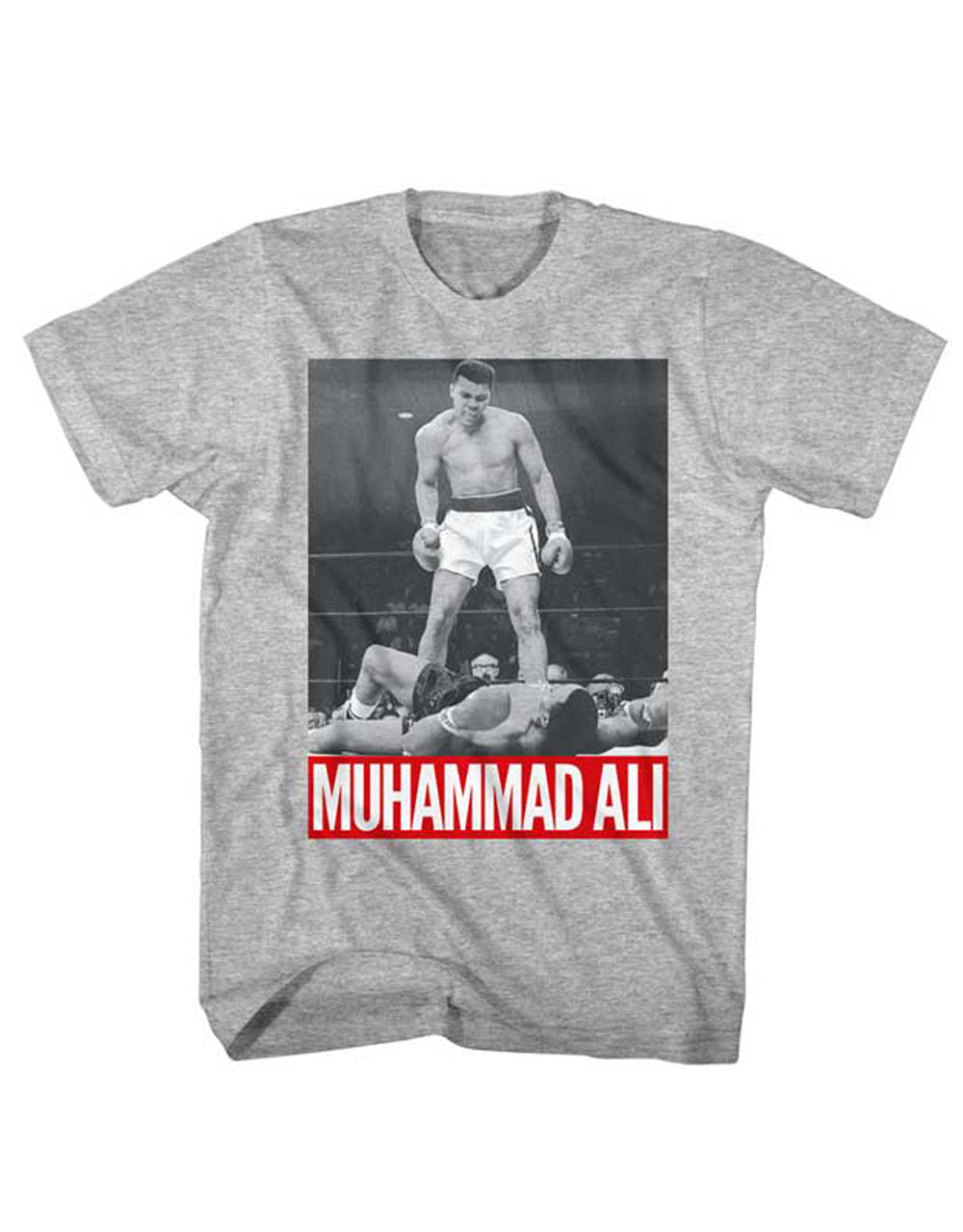 Muhammad Ali classic fight shot graphic on a heathered grey adult t-shirt.
