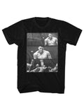 Muhammad Ali box over Liston graphic on a black adult t-shirt.