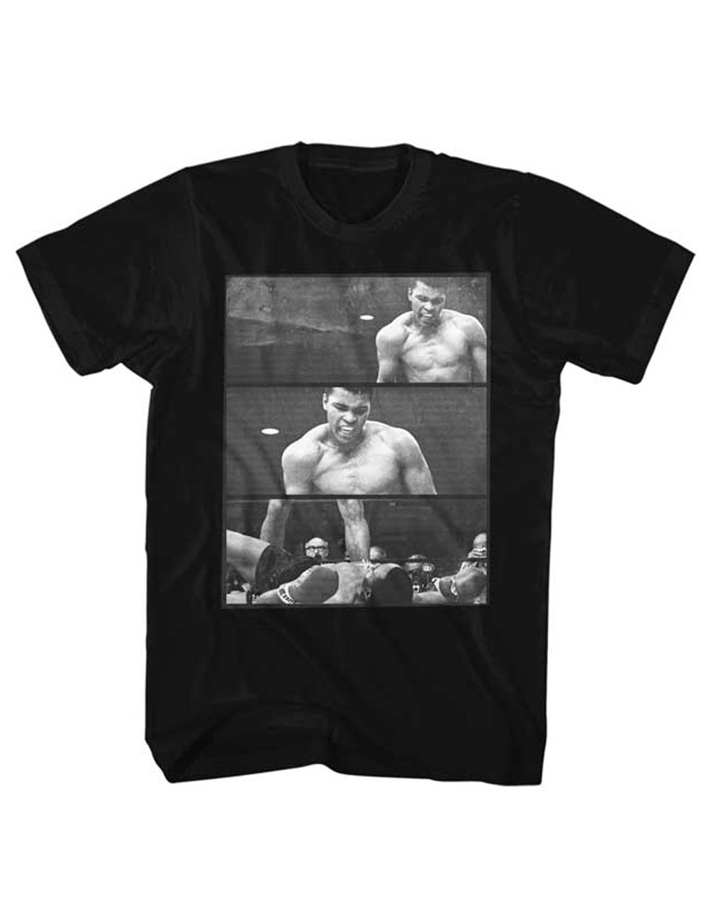 Muhammad Ali box over Liston graphic on a black adult t-shirt.
