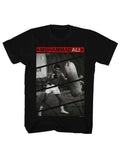 Muhammad Ali punch bag graphic on a black adult t-shirt.