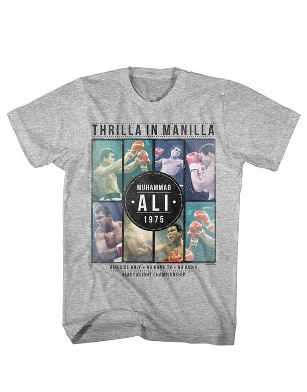 Muhammad Ali collage 1975 graphic on a heathered grey adult t-shirt.