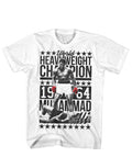 Muhammad Ali 1964 heavyweight champ graphic on a white adult t-shirt.
