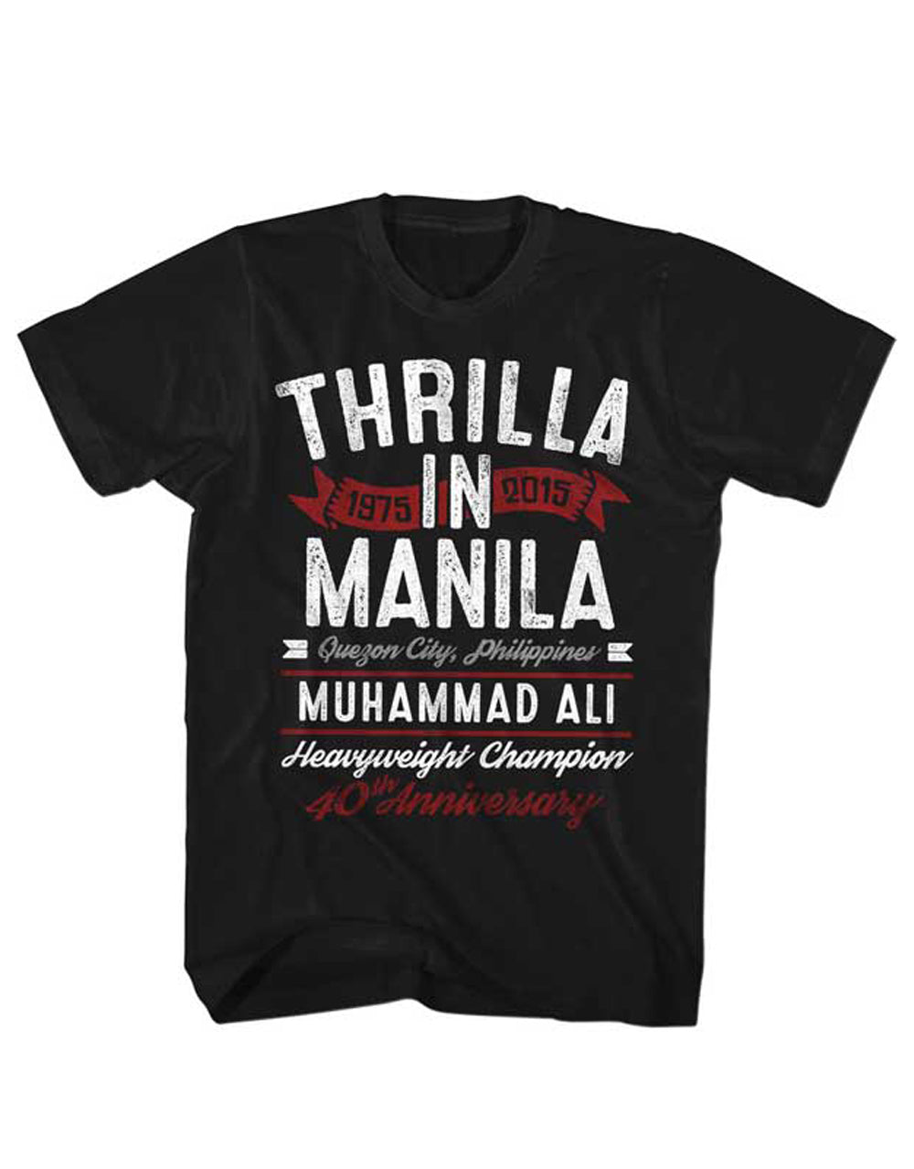 Muhammad Ali thrilla heavyweight graphic on a black adult t-shirt.