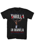 Muhammad Ali thrilla champ graphic on a black adult t-shirt.