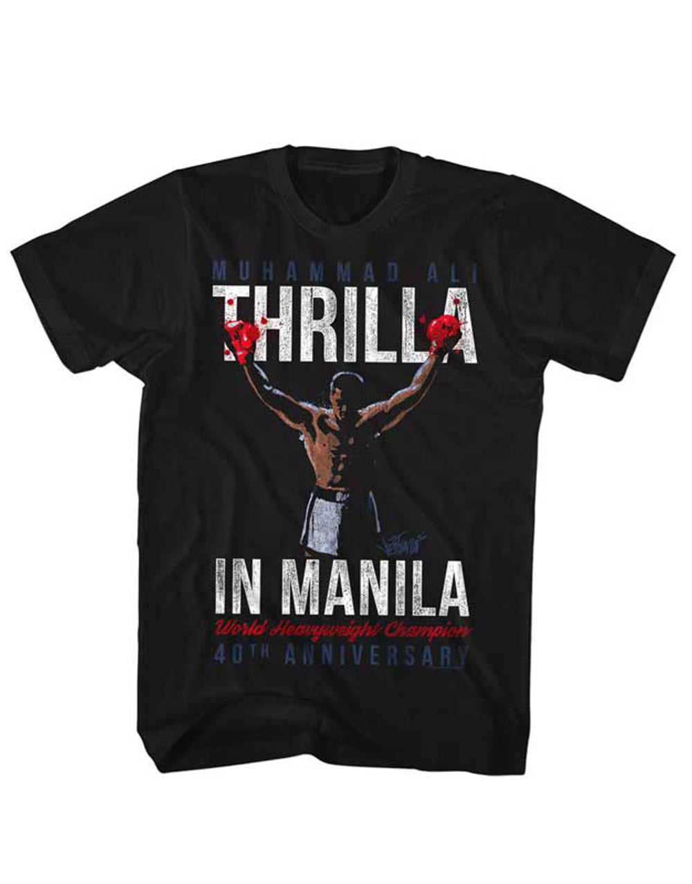 Muhammad Ali thrilla champ graphic on a black adult t-shirt.