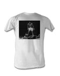 Muhammad Ali over Liston graphic on a white adult t-shirt.