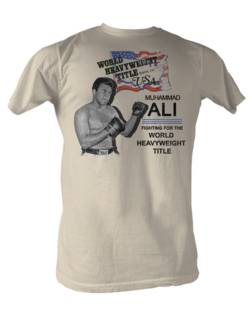 Muhammad Ali world title vintage graphic on a white adult t-shirt.