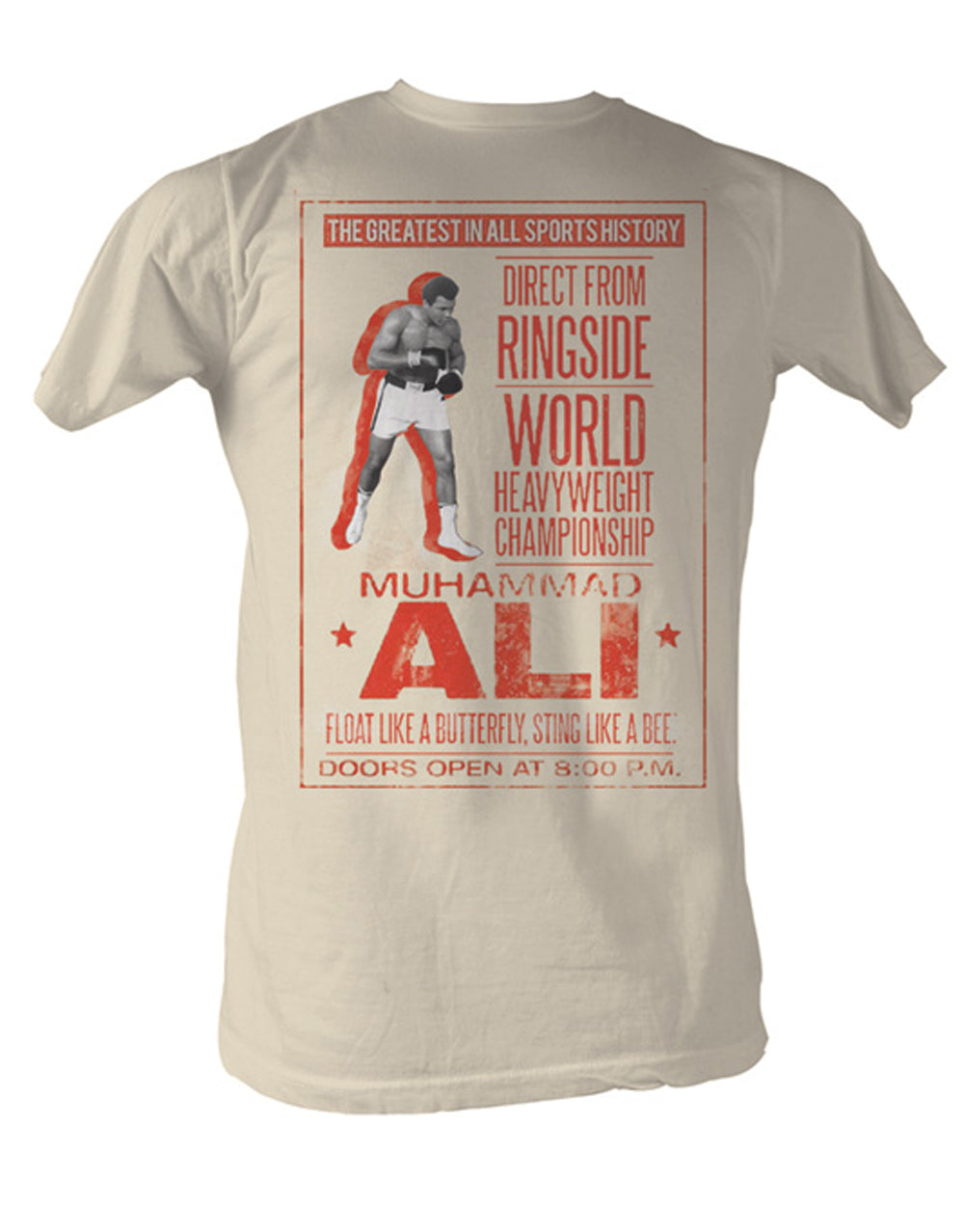 Muhammad Ali poster graphic on a french vanilla adult t-shirt.